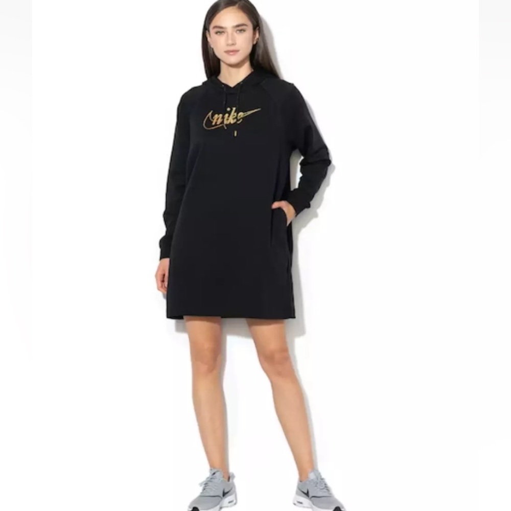 Nike Black Long Hoodie Dress Gold Nike Swoosh